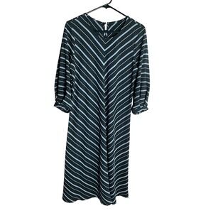 Black White Striped V-Neck Puff Sleeve Midi Dress Chevron Pattern RN 73277